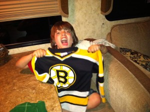 Alex celebrates the Bruins victory in the RV